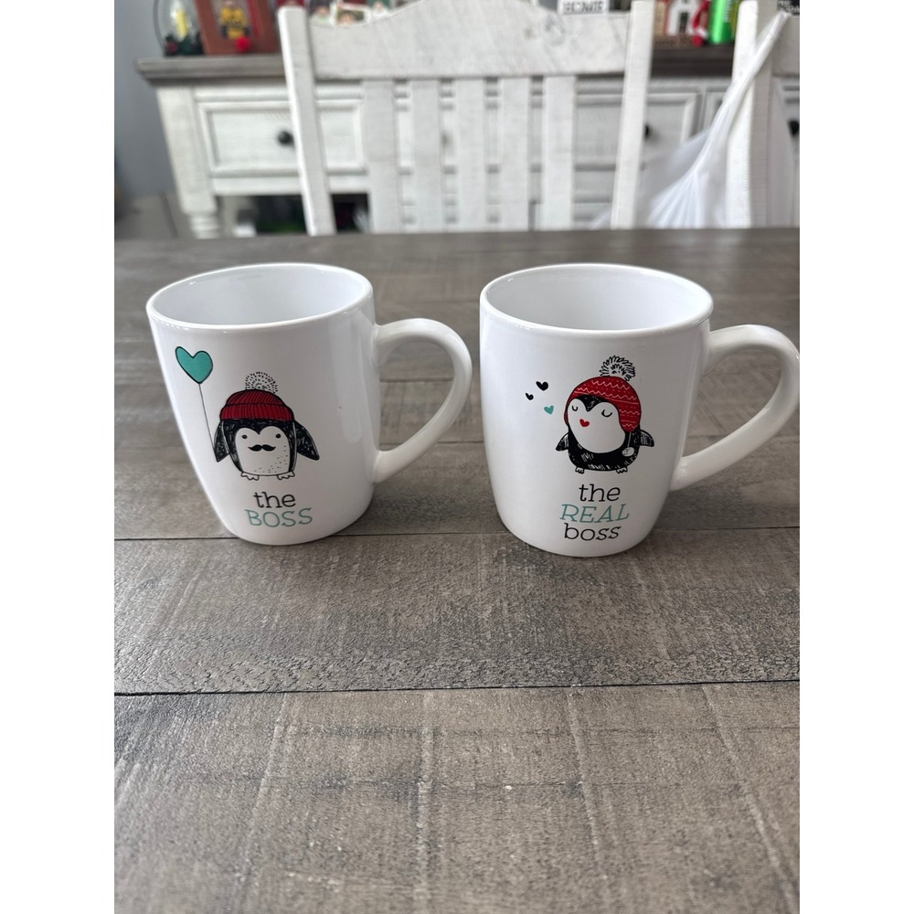 Stoneware White "Boss" "The Real Boss" mug set‎
